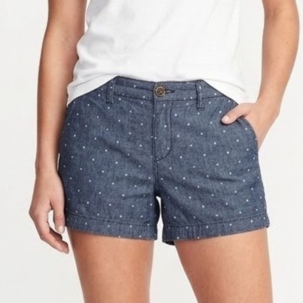 Old Navy Everyday Short Womens 8 Blue Polka Dot Herringbone Chambray Shorts